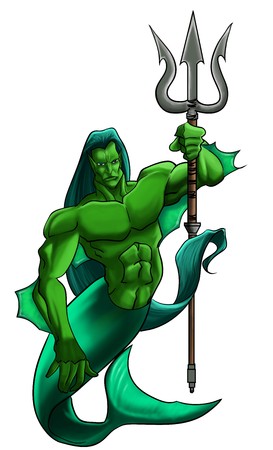 A mythical, illustrated figure. half fish and half human. holding a trident. White backgroundの写真素材