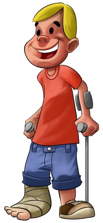 a young and smiley boy with a broken legの写真素材