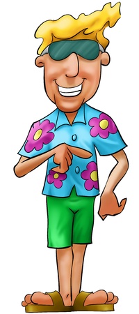 Blonde tourist with a colored shirt, he has a sunglasses and he is smilingの写真素材