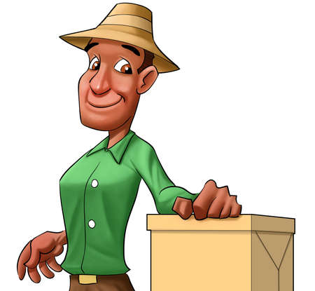 worker with a hand on a box, he is smilingの写真素材
