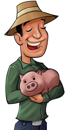 young farmer with a pig bank in his hands, he looks happyの写真素材
