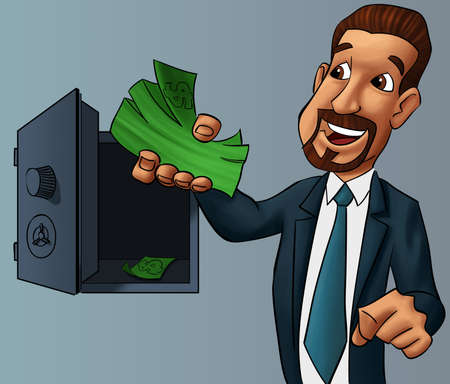 young businessman with a lot of money in his hand near a safety boxの写真素材