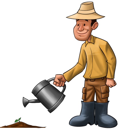 farmer with taking care of a young plantの写真素材