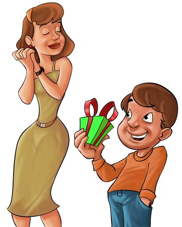 boy giving a gift to his mom in the mom´s dayの写真素材