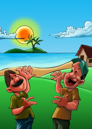 two men showing a beautiful place, like paradiseの写真素材