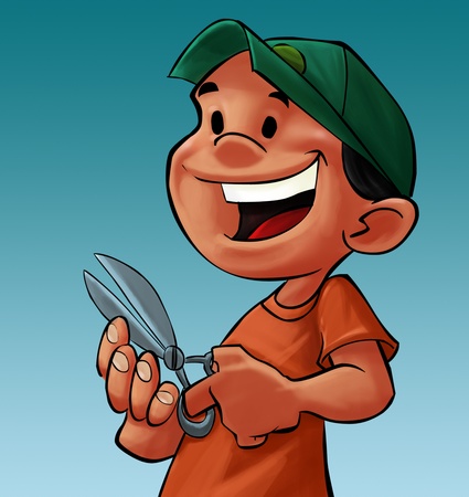boy with a scissor cutting his nailの写真素材