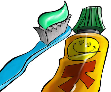 blue brush and a dental cream tubeの写真素材
