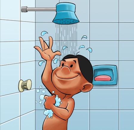 boy in a bath room taking a good showerの写真素材
