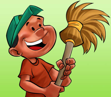 smiling boy with a broom in his handの写真素材