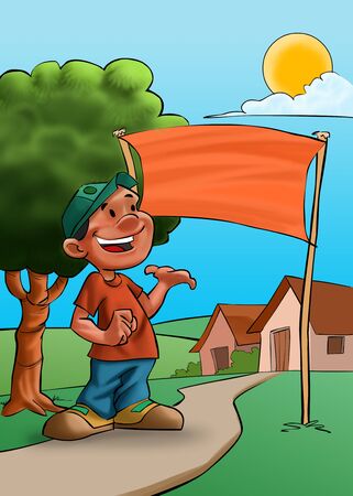 boy in a path in the small town, we can see some houses in the backgroundの写真素材