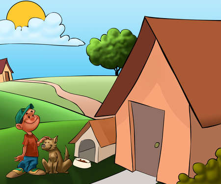 boy with a dog in front its house near to the house of boyの写真素材