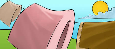 some clothes and other objects drying in the lineの写真素材