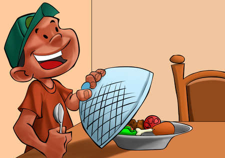 young boy with a spoon in his hand ready to eat the dinner or lunchの写真素材
