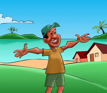 black man very happy in a small city near to the beachの写真素材