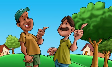 happy friends talking in a small town landscapeの写真素材