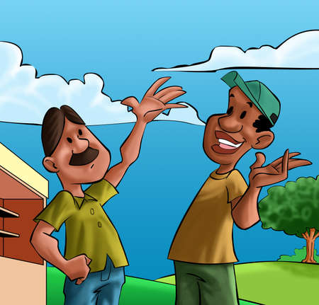 happy friends talking in a small town landscapeの写真素材