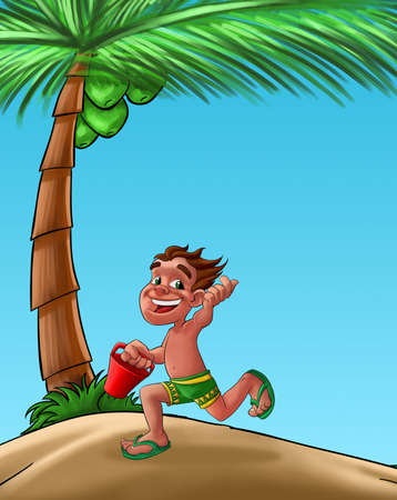 young happy boy running and playing in the beach の写真素材