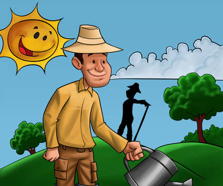 two farmers working in their land in sun day の写真素材
