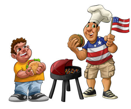 fat guy eating a hamburger with usa shirt and flag の写真素材