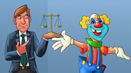 clown smiling and a lawyer with his eyes closed behind himの写真素材