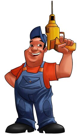 joiner with a tool in his hand, he is smiling and read to workの写真素材
