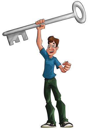 young man holding a very big keyの写真素材