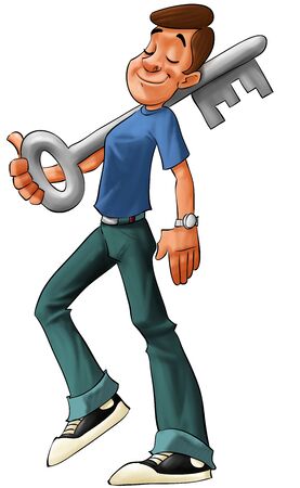 young man holding a very big keyの写真素材