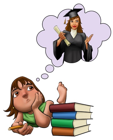 young girls with brown hair and green shirt studying with some books at her sideの写真素材