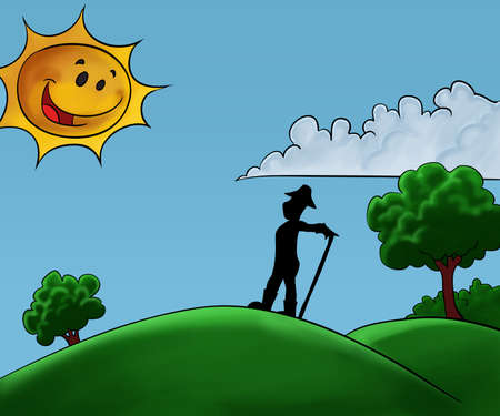 worker in a silhouette ready to work watching the sunの写真素材