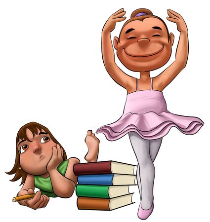 young girls with brown hair and green shirt studying with some books at her sideの写真素材