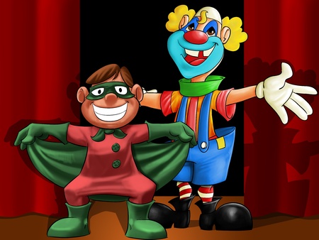 mini hero with his friend clown smilingの写真素材