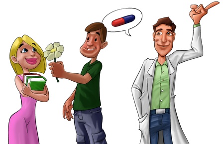 young medic advising about medicine, he looks happyの写真素材