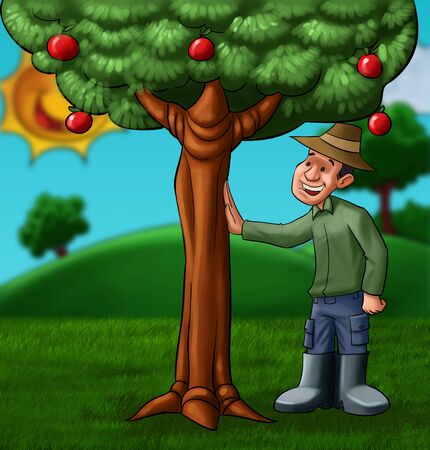 beautiful landscape with a farmer sear a tree with a lot of fruitsの写真素材