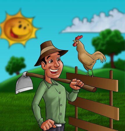 farmer going to work with his tool and a cock singingの写真素材