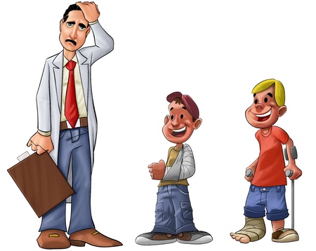 concerned doctor thinking about some problems or medical problems and some injured boysの写真素材