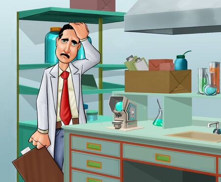 sad doctor in a lab roomの写真素材