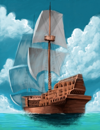 great galeon with open sails in the ocean backgroundの写真素材