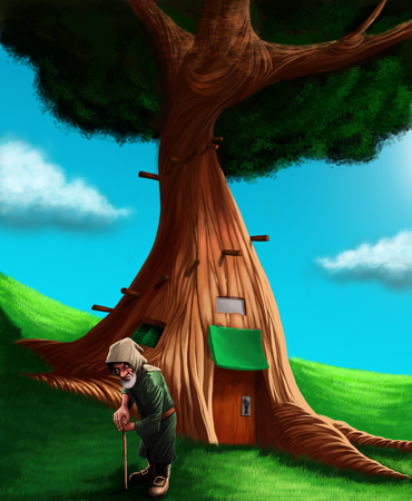 A gnome in a grass ground in front his small house into a treeの写真素材