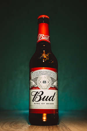 Beer brand "Budweiser" on the home wooden bar counter.のeditorial素材