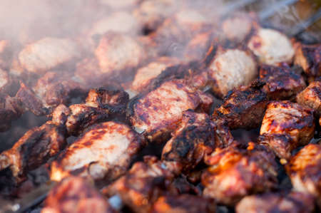 Beef and pork steak bbq on the grill.の写真素材