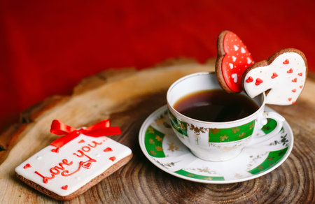 Spice tea on a wooden stand on Valentines Day.の写真素材