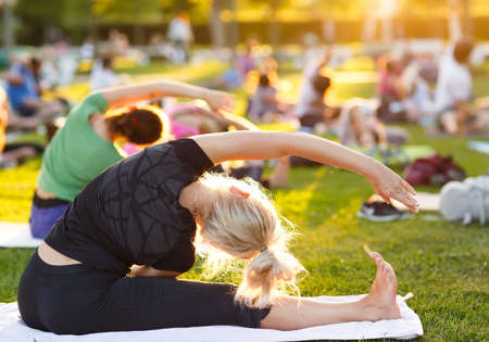 big group of adults attending a yoga class outside in parkの写真素材