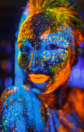 Portrait of a girl painted in fluorescent powder.