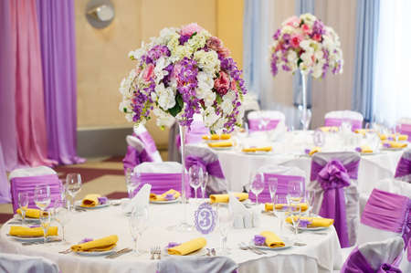 Table set for wedding or another catered event dinner.の写真素材