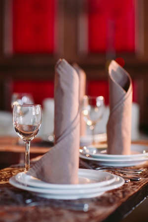Table set. Restaurant table service on the black table.の写真素材