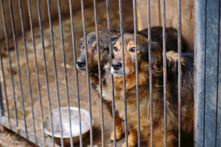 Shelter for stray dogs. Street dogs in cages.