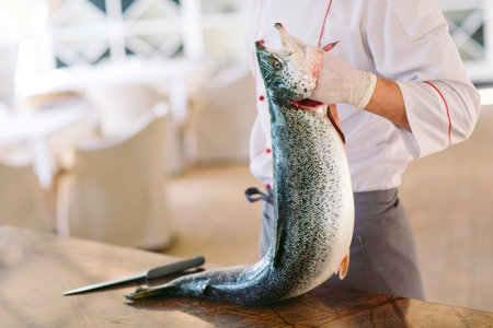 Chef keep the salmon. The chef cuts the salmon on the table.