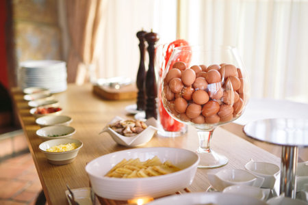 Breakfast. Cooking eggs in the Restaurant or Hotel
