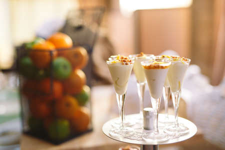 delicious milk dessert with nuts.の写真素材