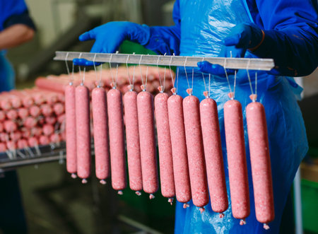 Making sausages, food production in the factory.